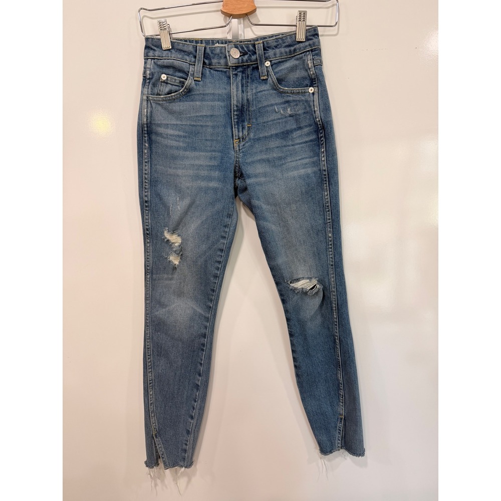 AMO High Rise Twist Loverboy Jeans Medium Wash Distressed Raw Hem Size 24